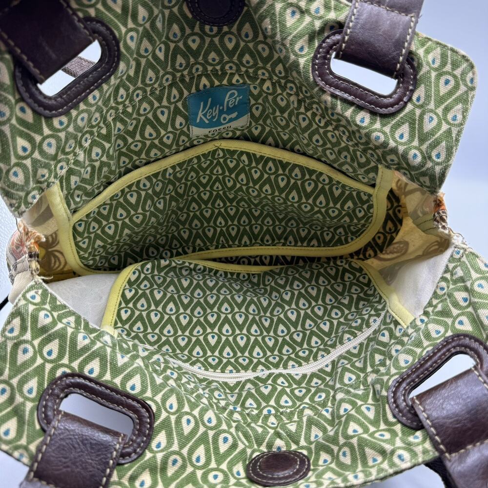 FOSSIL Key Per Coated Canvas Leather Tote Shoulder Bag Purse Flowers Green Brown - Picture 4 of 11